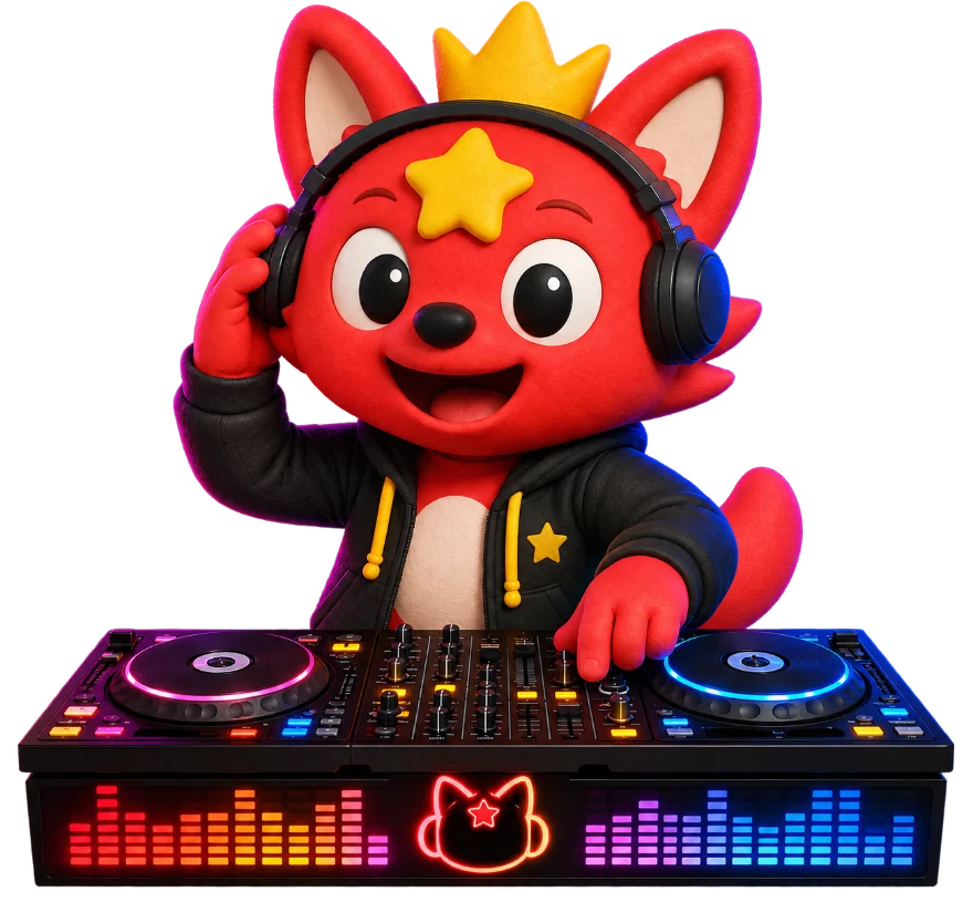 Mascote do Pixelmon Brasil de fone, tocando num mixer de DJ